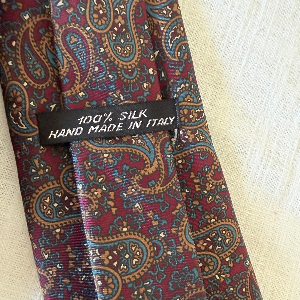 Handmade in Italy 100% Silk Paisley Necktie Burgundy Teal Gold Mens Tie 3.25"